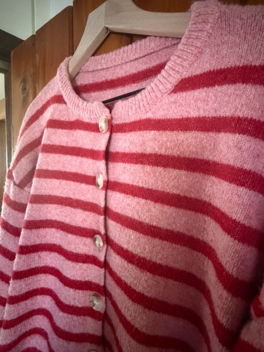 Pink and Red Striped Women's Button Cardigan Sweater